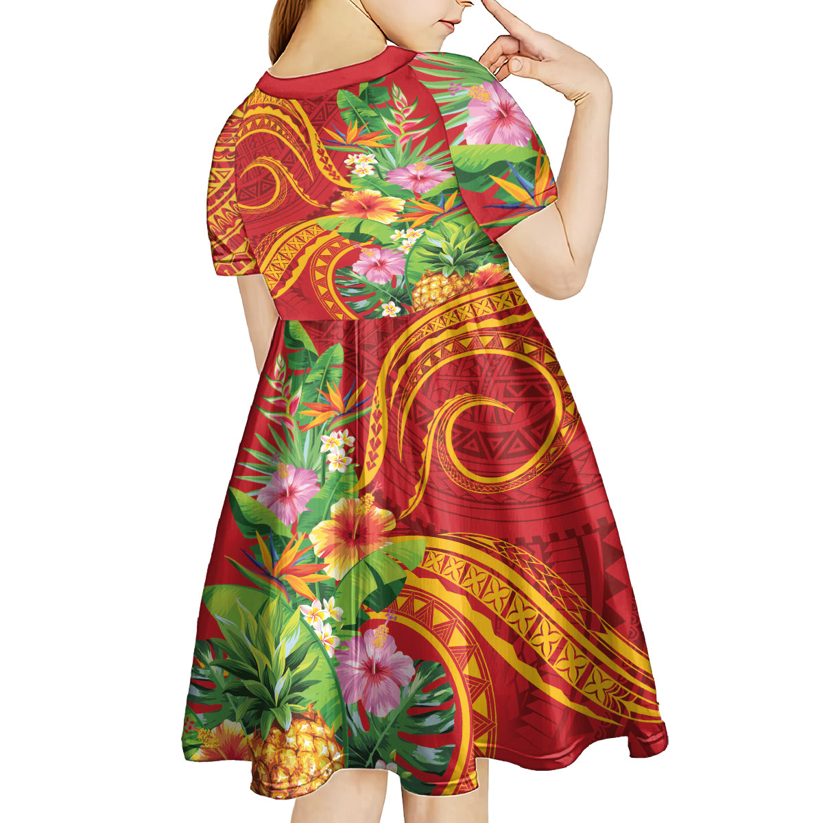 Polynesian Tribal Flower Tattoo Kid Short Sleeve Dress Special Vermilion Vibe
