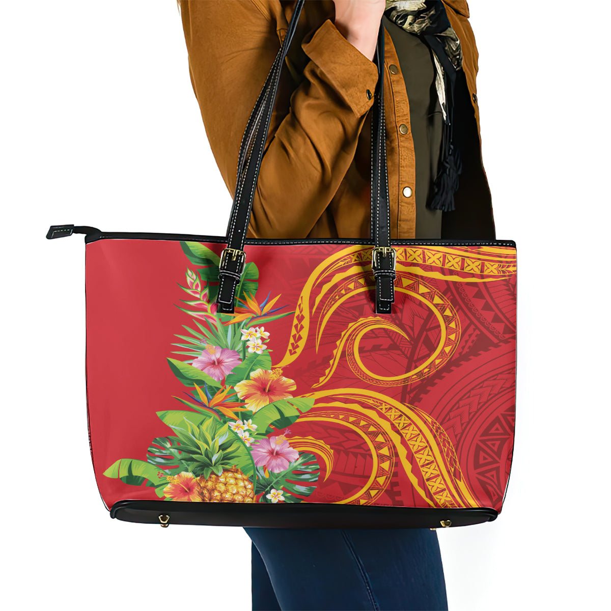 Polynesian Tribal Flower Tattoo Leather Tote Bag Special Vermilion Vibe LT9 - Polynesian Pride