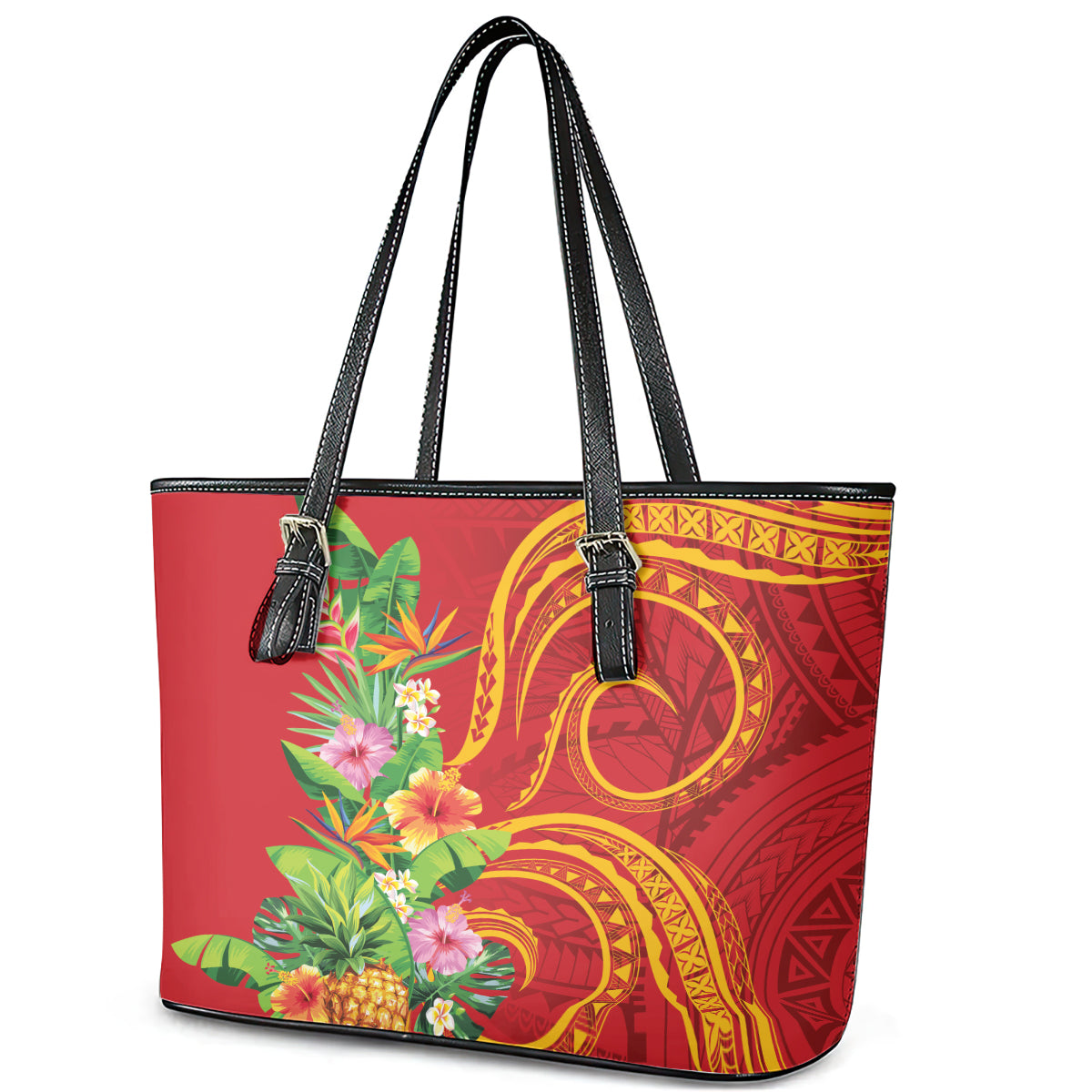 Polynesian Tribal Flower Tattoo Leather Tote Bag Special Vermilion Vibe LT9 - Polynesian Pride