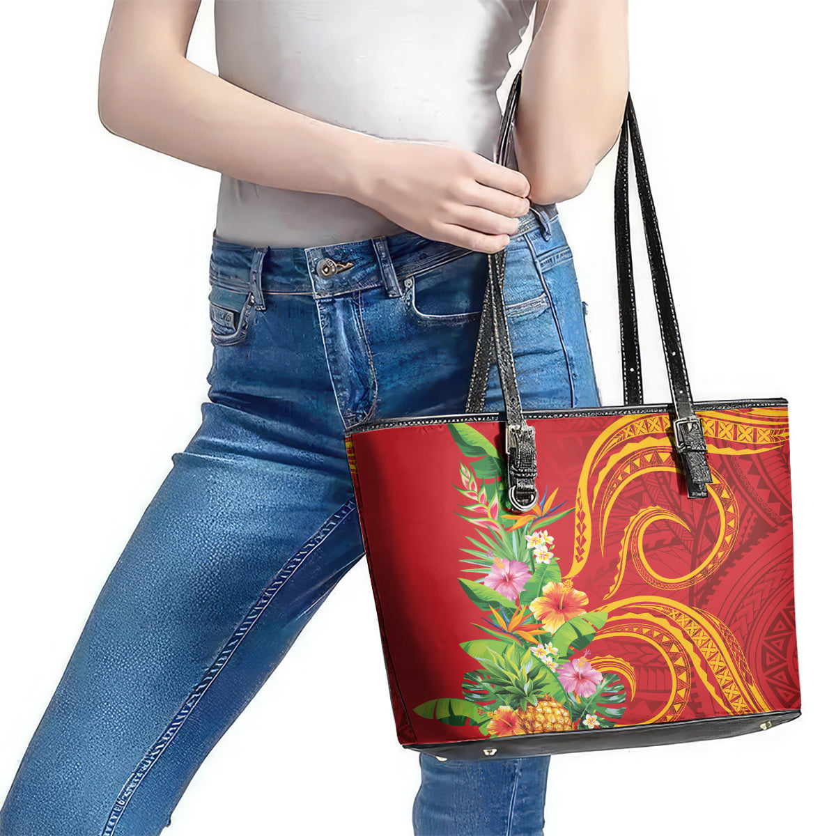 Polynesian Tribal Flower Tattoo Leather Tote Bag Special Vermilion Vibe LT9 - Polynesian Pride