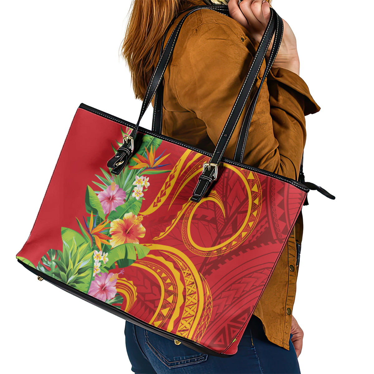 Polynesian Tribal Flower Tattoo Leather Tote Bag Special Vermilion Vibe LT9 - Polynesian Pride