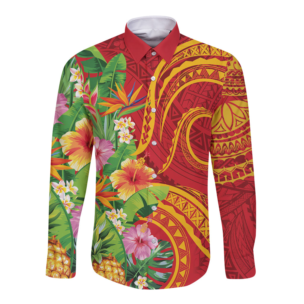 Polynesian Tribal Flower Tattoo Long Sleeve Button Shirt Special Vermilion Vibe