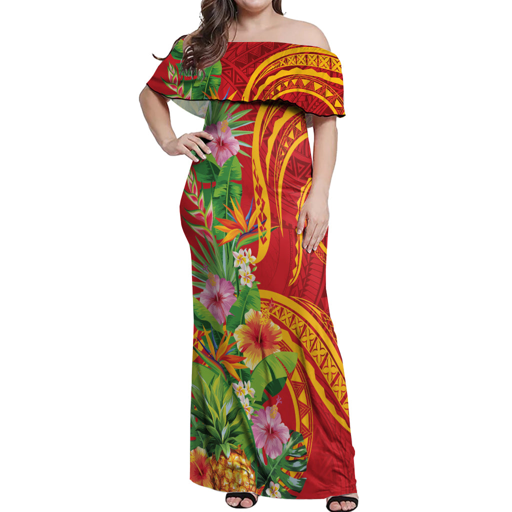 Polynesian Tribal Flower Tattoo Off Shoulder Maxi Dress Special Vermilion Vibe LT9 Women Brownish-red - Polynesian Pride