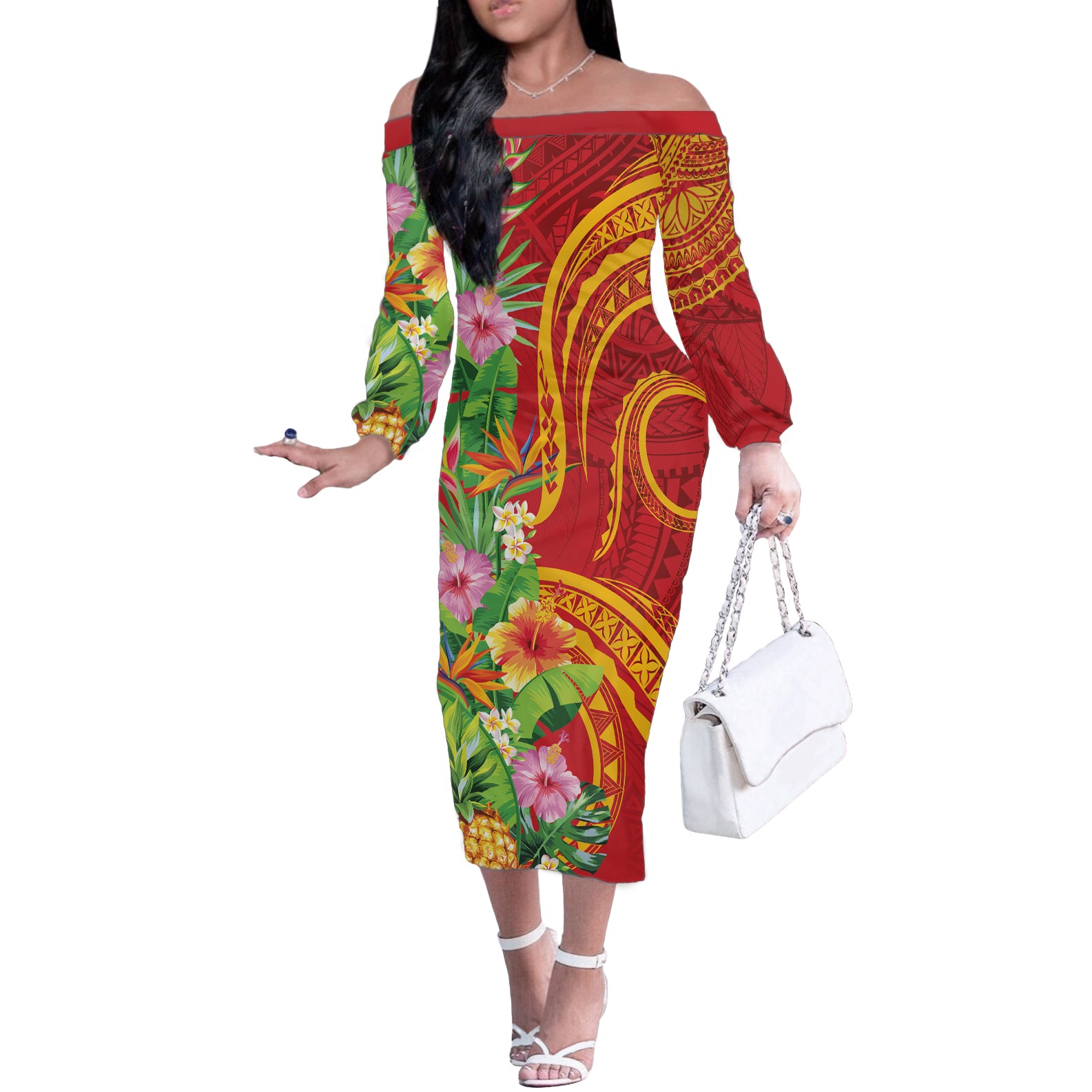 Polynesian Tribal Flower Tattoo Off The Shoulder Long Sleeve Dress Special Vermilion Vibe