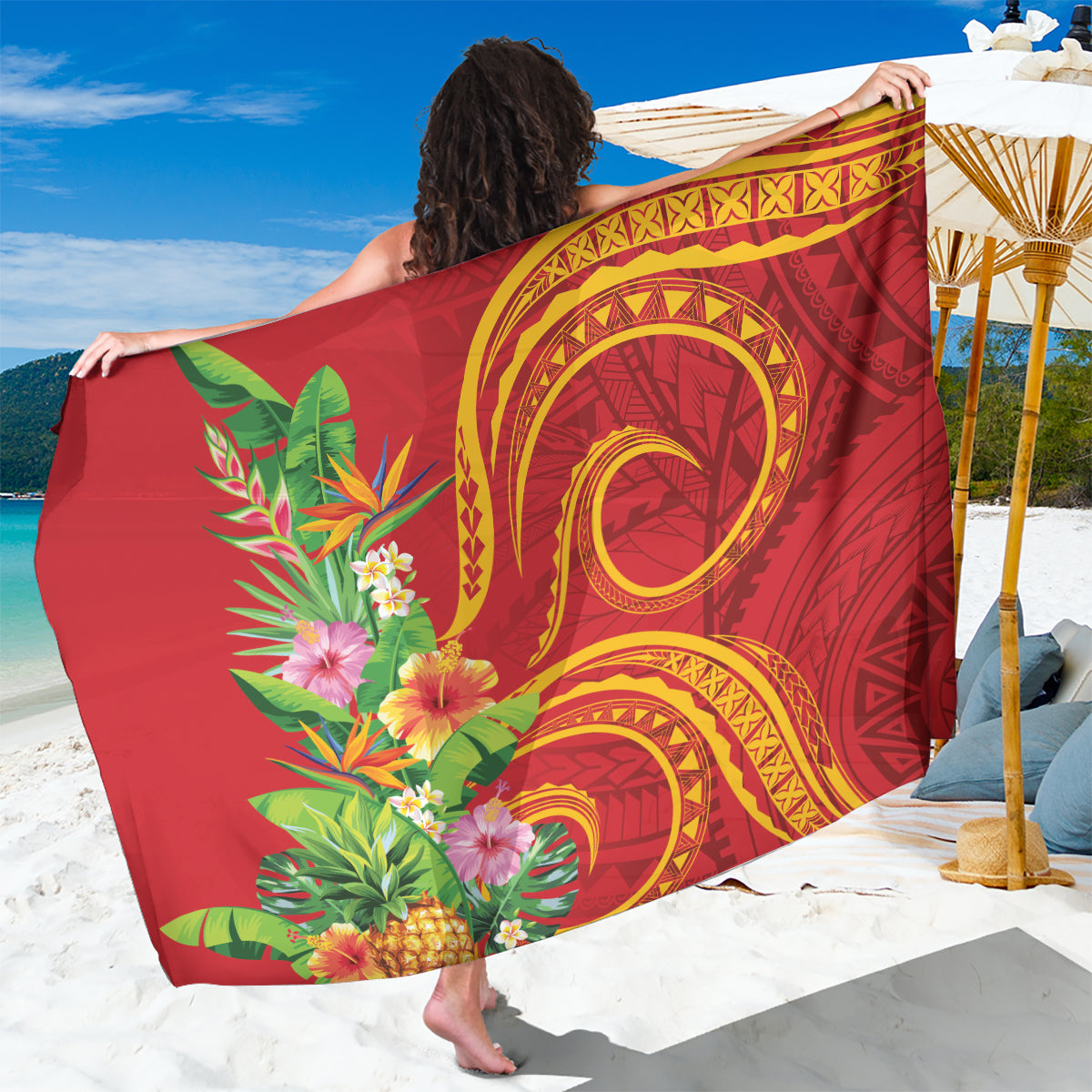 Polynesian Tribal Flower Tattoo Sarong Special Vermilion Vibe