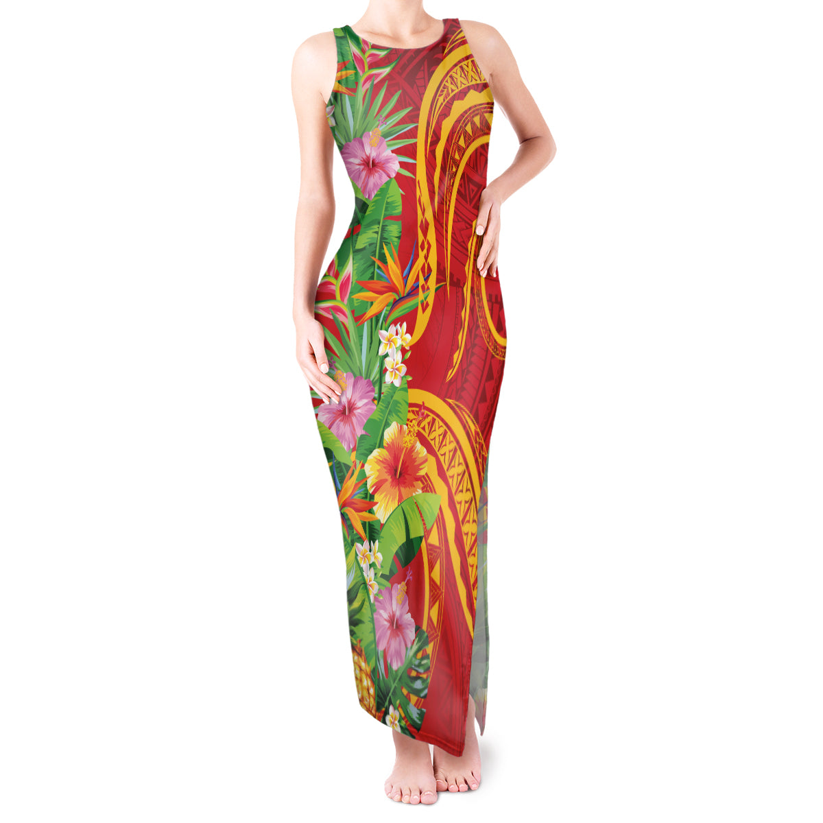 Polynesian Tribal Flower Tattoo Tank Maxi Dress Special Vermilion Vibe