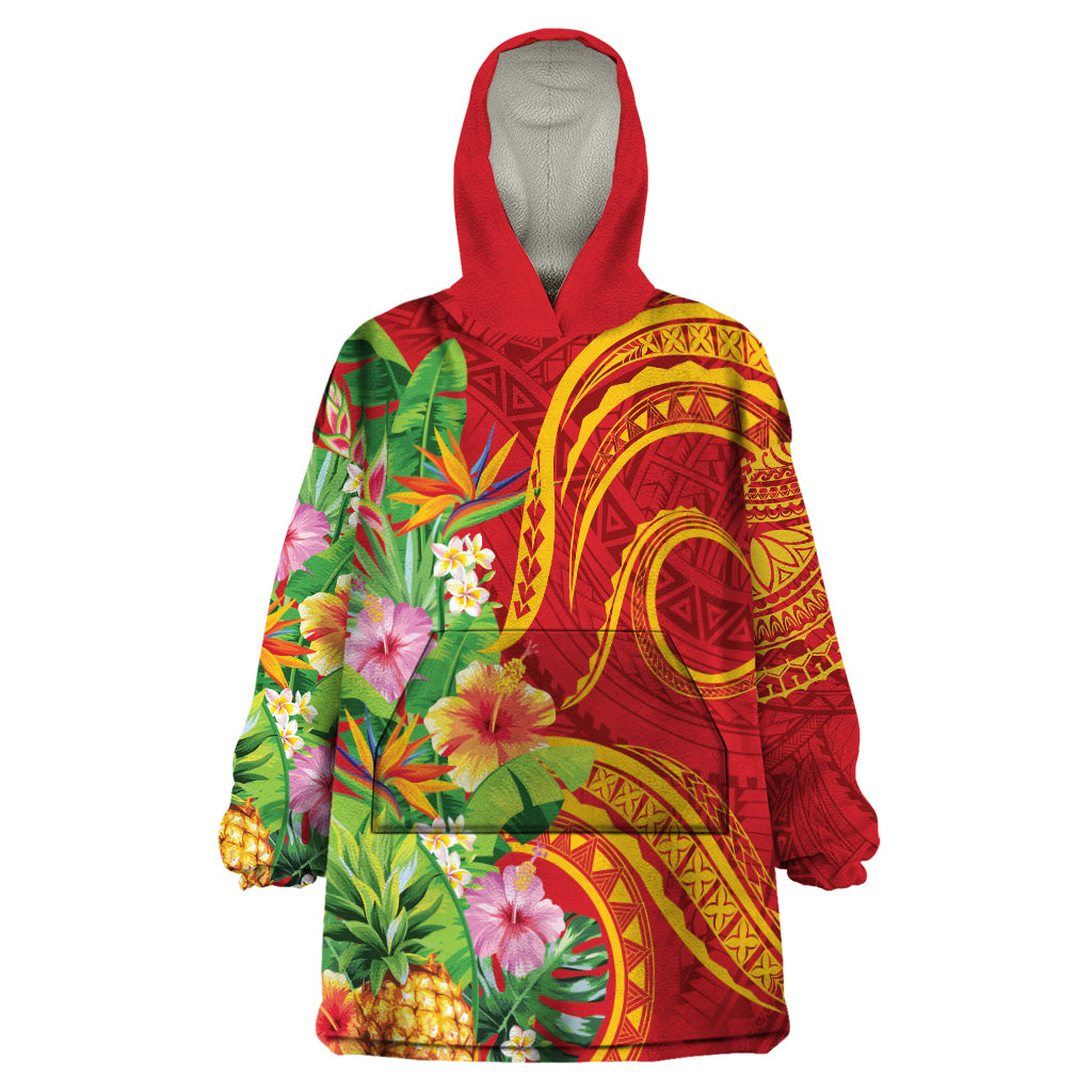 Polynesian Tribal Flower Tattoo Wearable Blanket Hoodie Special Vermilion Vibe