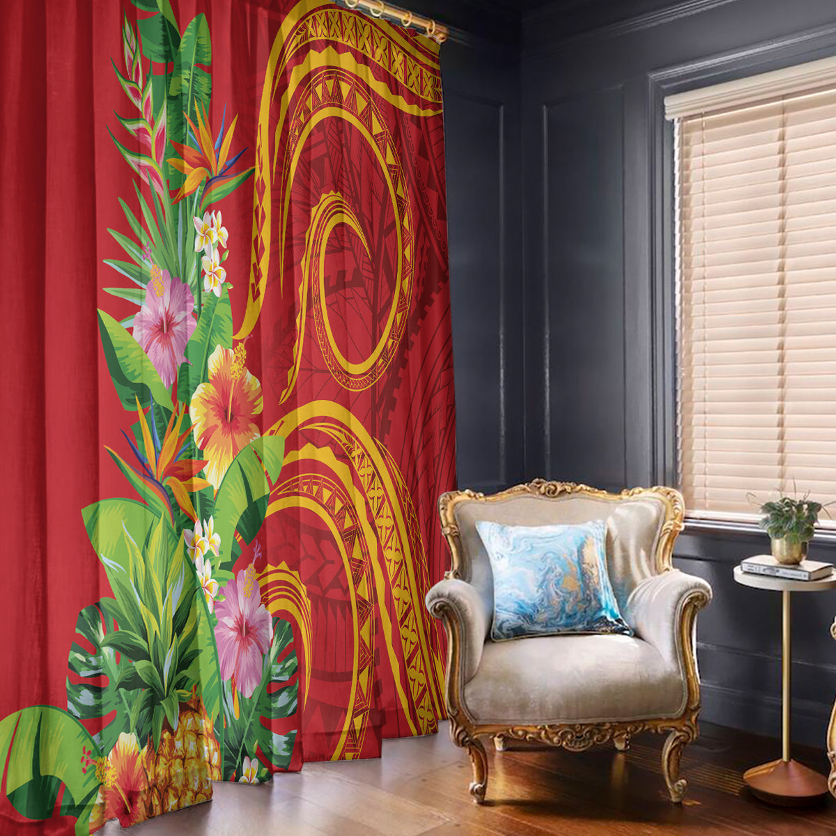 Polynesian Tribal Flower Tattoo Window Curtain Special Vermilion Vibe LT9 - Polynesian Pride