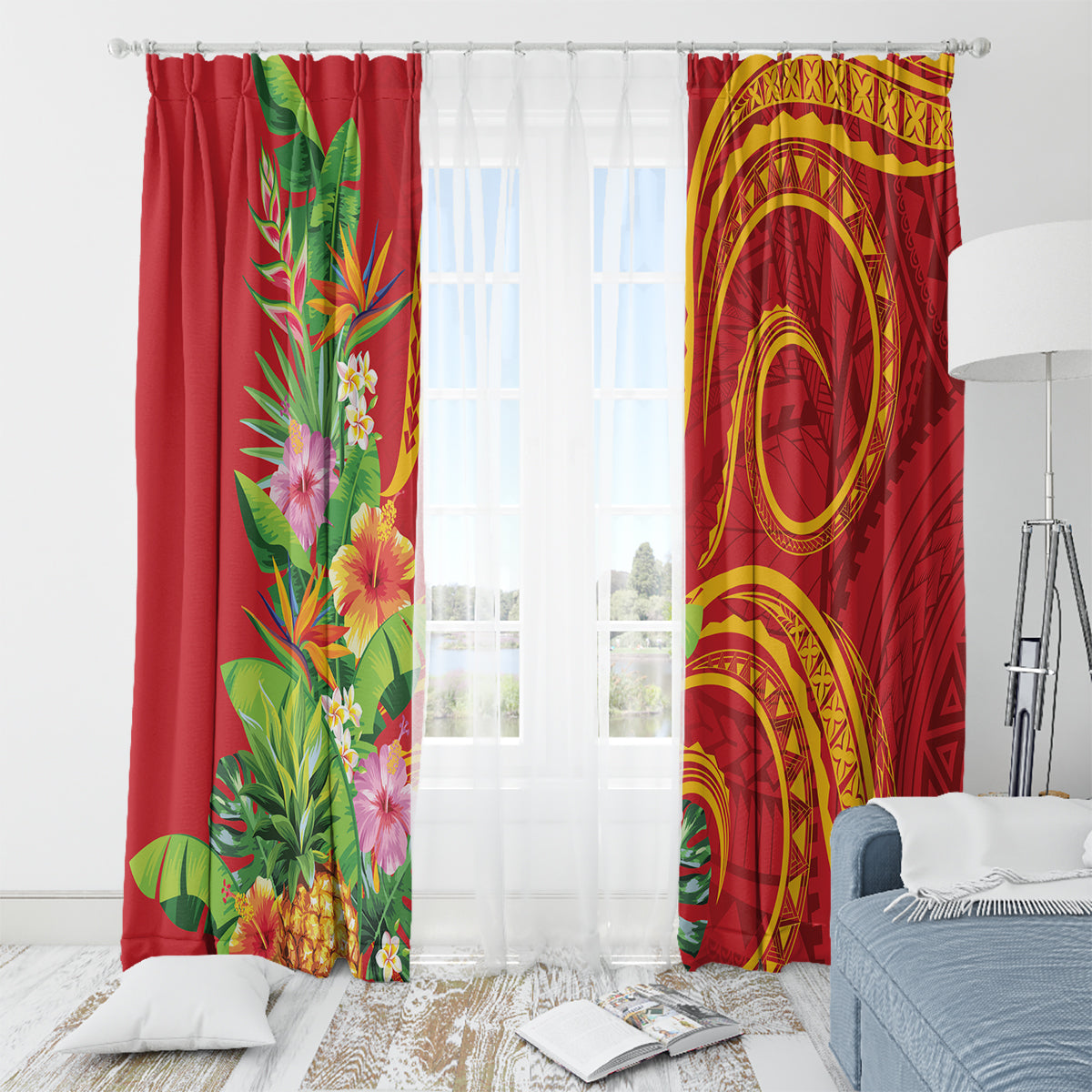 Polynesian Tribal Flower Tattoo Window Curtain Special Vermilion Vibe LT9 - Polynesian Pride