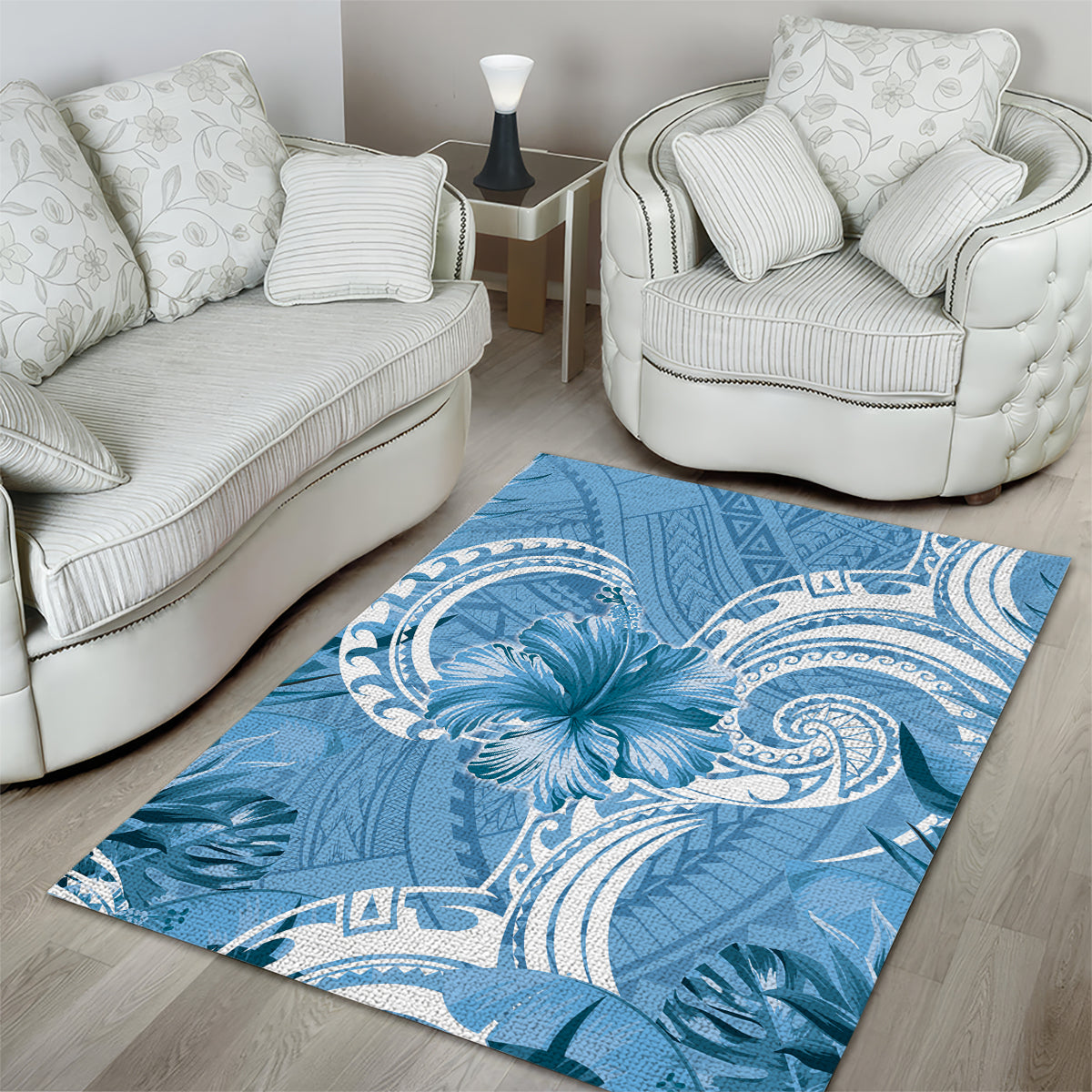 Polynesian Hibiscus Flower Tribal Area Rug Blue Color