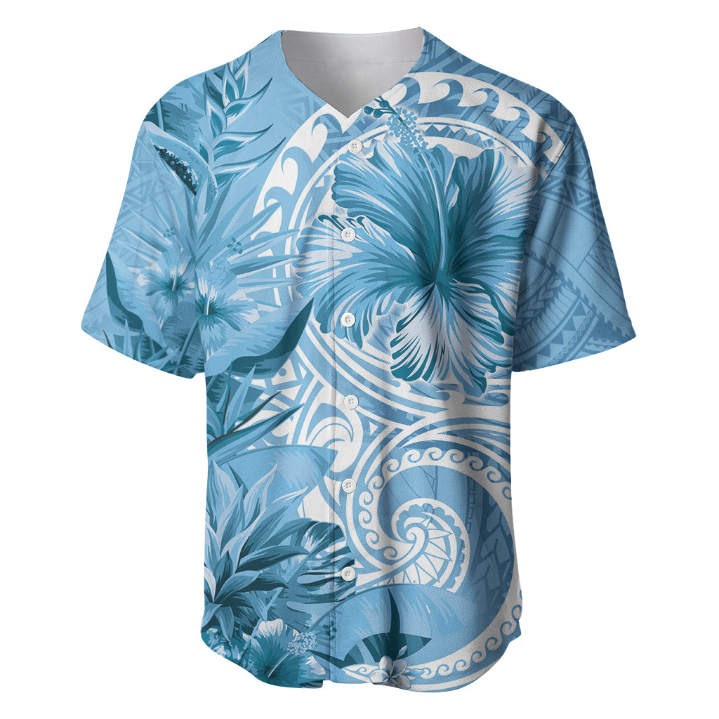 Polynesian Hibiscus Flower Tribal Baseball Jersey Blue Color