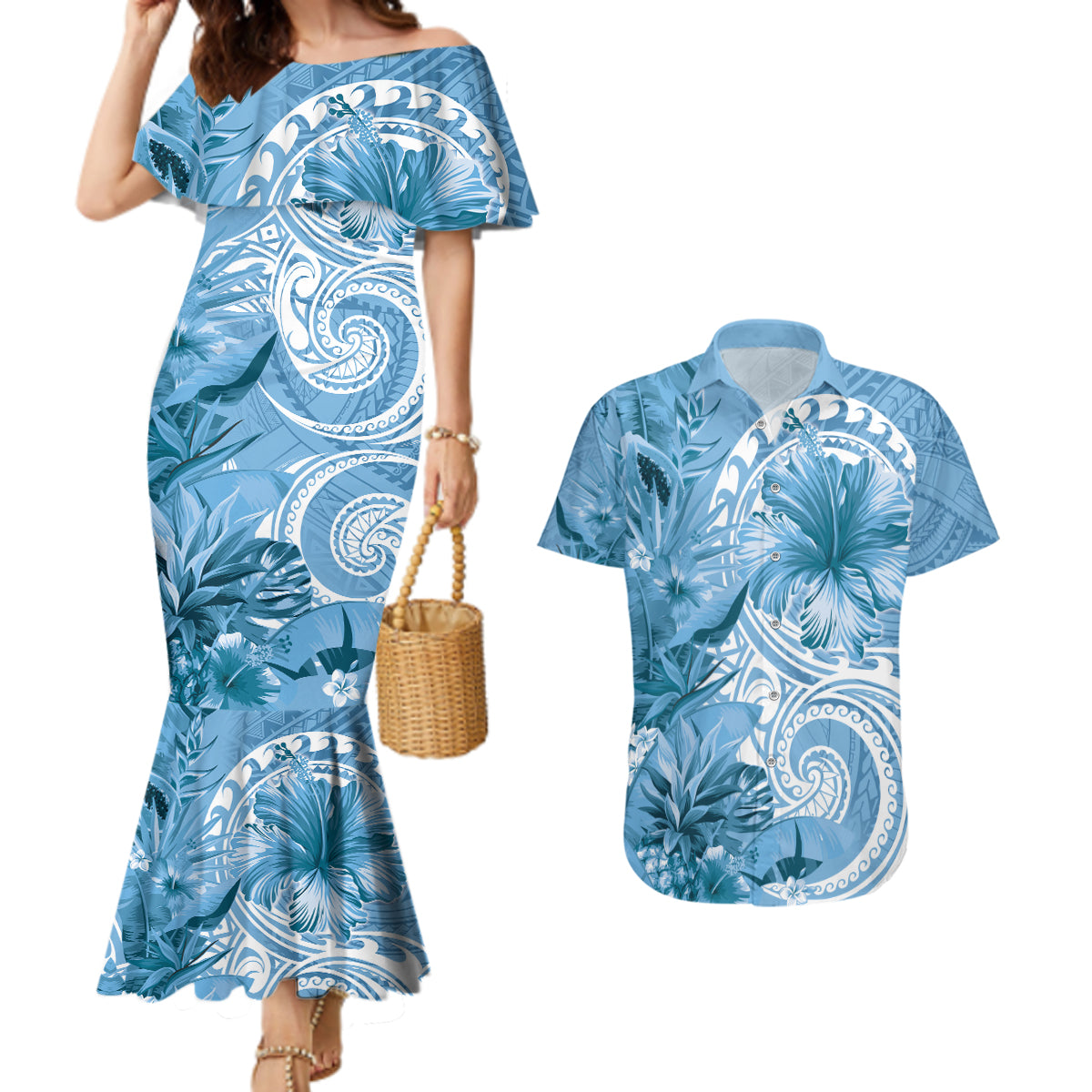 Polynesian Hibiscus Flower Tribal Couples Matching Mermaid Dress and Hawaiian Shirt Blue Color