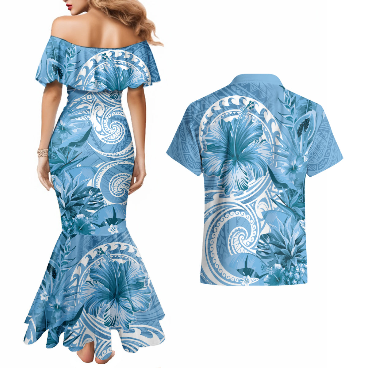 Polynesian Hibiscus Flower Tribal Couples Matching Mermaid Dress and Hawaiian Shirt Blue Color