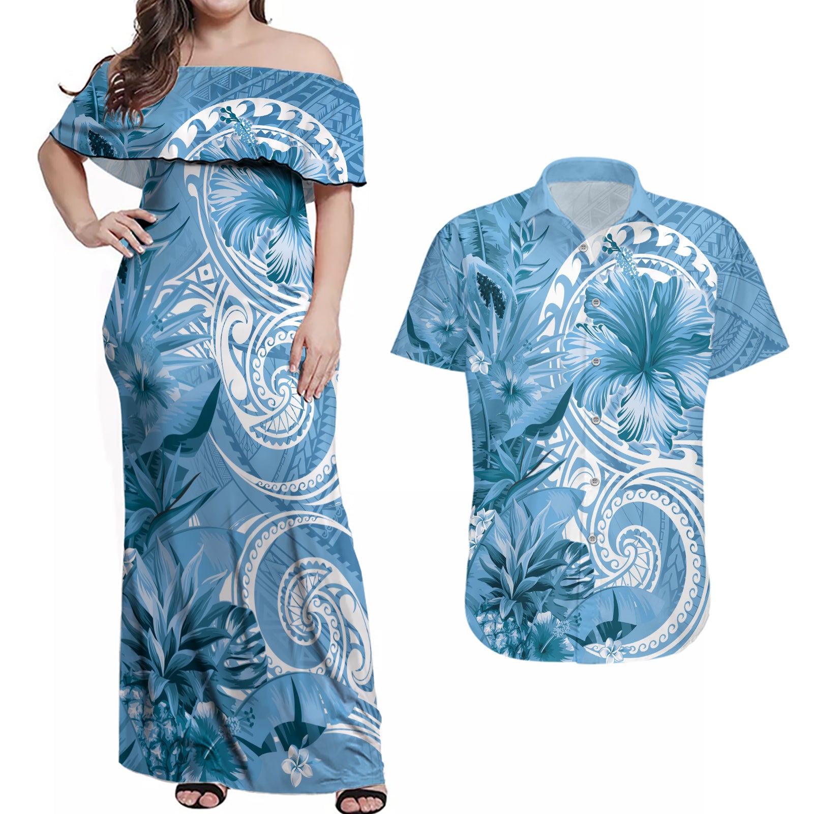 Polynesian Hibiscus Flower Tribal Couples Matching Off Shoulder Maxi Dress and Hawaiian Shirt Blue Color