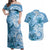 Polynesian Hibiscus Flower Tribal Couples Matching Off Shoulder Maxi Dress and Hawaiian Shirt Blue Color