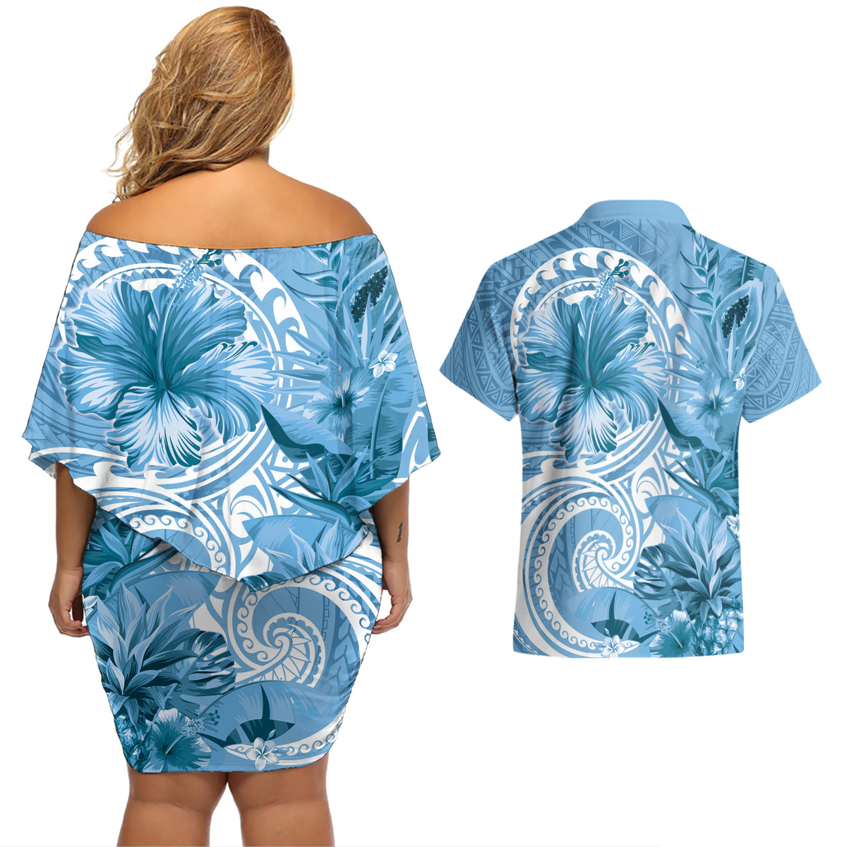 Polynesian Hibiscus Flower Tribal Couples Matching Off Shoulder Short Dress and Hawaiian Shirt Blue Color
