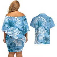 Polynesian Hibiscus Flower Tribal Couples Matching Off Shoulder Short Dress and Hawaiian Shirt Blue Color
