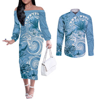 Polynesian Hibiscus Flower Tribal Couples Matching Off The Shoulder Long Sleeve Dress and Long Sleeve Button Shirt Blue Color