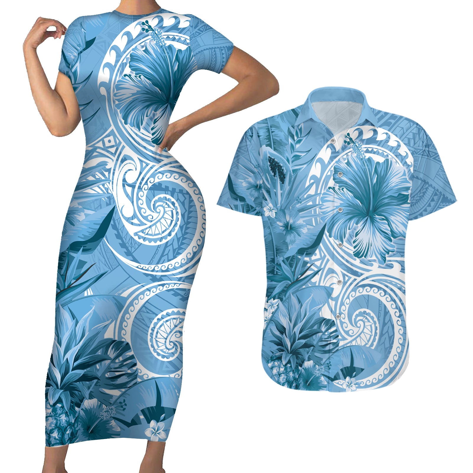 Polynesian Hibiscus Flower Tribal Couples Matching Short Sleeve Bodycon Dress and Hawaiian Shirt Blue Color