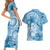 Polynesian Hibiscus Flower Tribal Couples Matching Short Sleeve Bodycon Dress and Hawaiian Shirt Blue Color