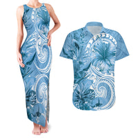 Polynesian Hibiscus Flower Tribal Couples Matching Tank Maxi Dress and Hawaiian Shirt Blue Color