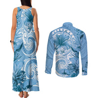 Polynesian Hibiscus Flower Tribal Couples Matching Tank Maxi Dress and Long Sleeve Button Shirt Blue Color
