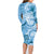 Polynesian Hibiscus Flower Tribal Family Matching Long Sleeve Bodycon Dress and Hawaiian Shirt Blue Color