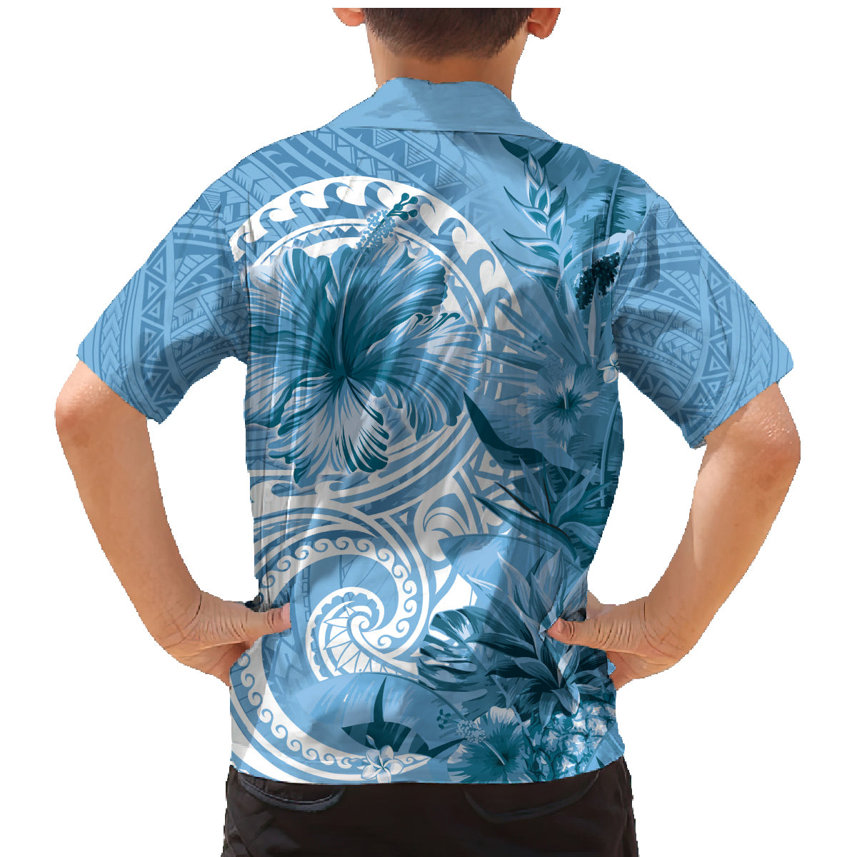 Polynesian Hibiscus Flower Tribal Family Matching Mermaid Dress and Hawaiian Shirt Blue Color