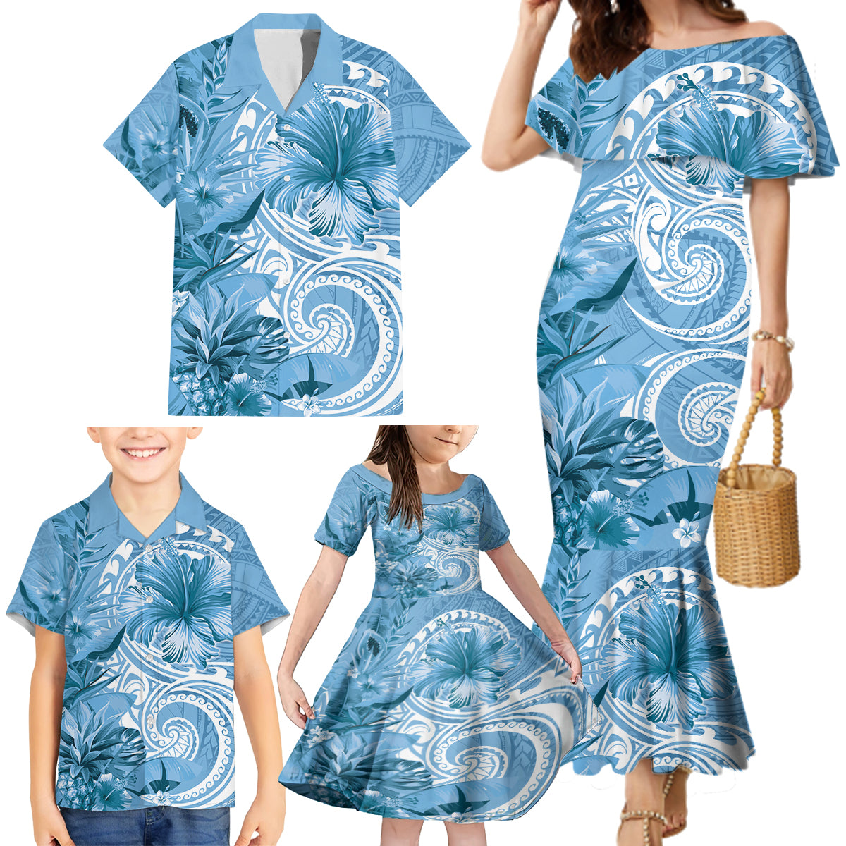 Polynesian Hibiscus Flower Tribal Family Matching Mermaid Dress and Hawaiian Shirt Blue Color