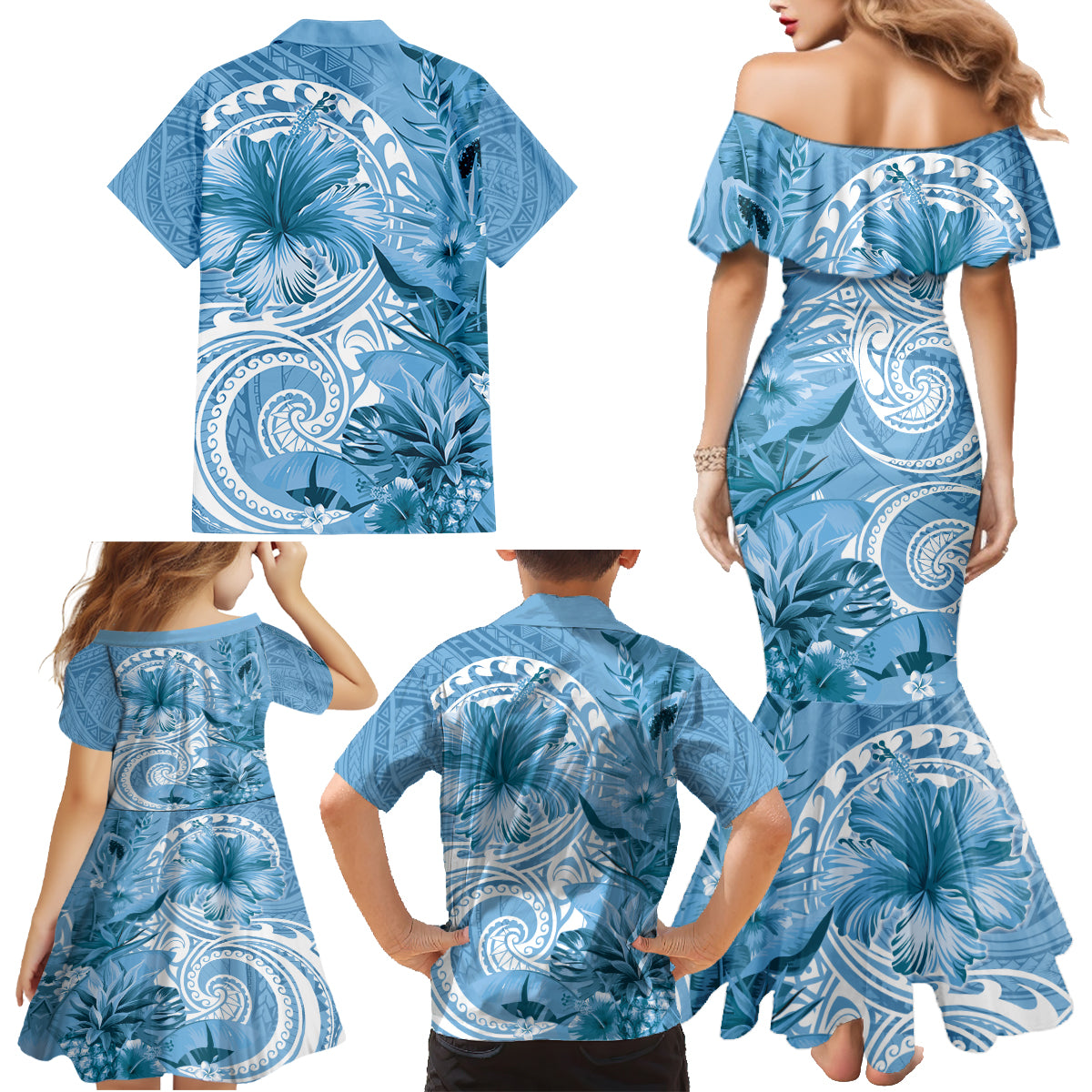 Polynesian Hibiscus Flower Tribal Family Matching Mermaid Dress and Hawaiian Shirt Blue Color