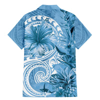 Polynesian Hibiscus Flower Tribal Family Matching Mermaid Dress and Hawaiian Shirt Blue Color