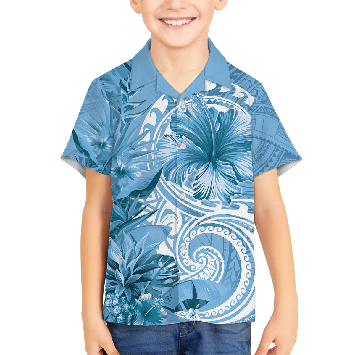 Polynesian Hibiscus Flower Tribal Family Matching Off The Shoulder Long Sleeve Dress and Hawaiian Shirt Blue Color