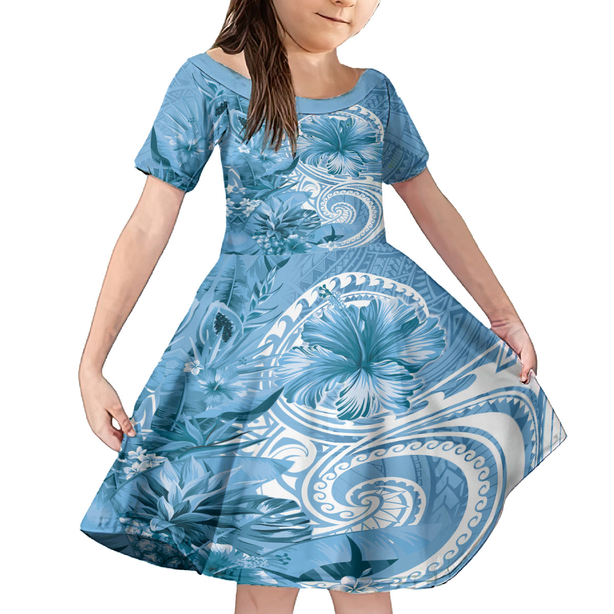 Polynesian Hibiscus Flower Tribal Family Matching Off Shoulder Short Dress and Hawaiian Shirt Blue Color