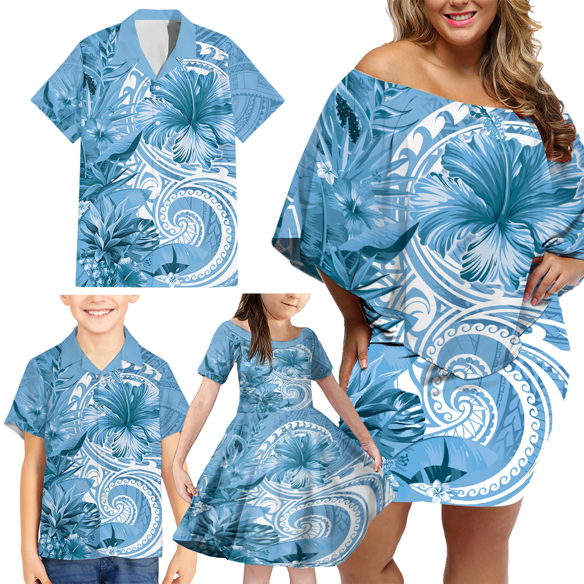 Polynesian Hibiscus Flower Tribal Family Matching Off Shoulder Short Dress and Hawaiian Shirt Blue Color