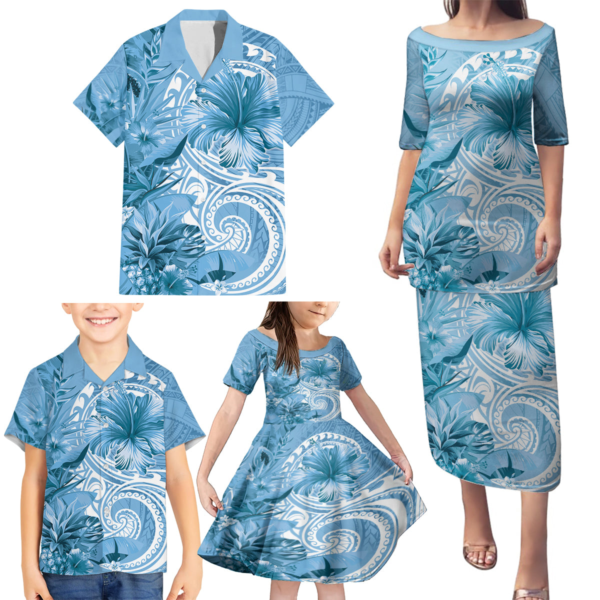 Polynesian Hibiscus Flower Tribal Family Matching Puletasi and Hawaiian Shirt Blue Color