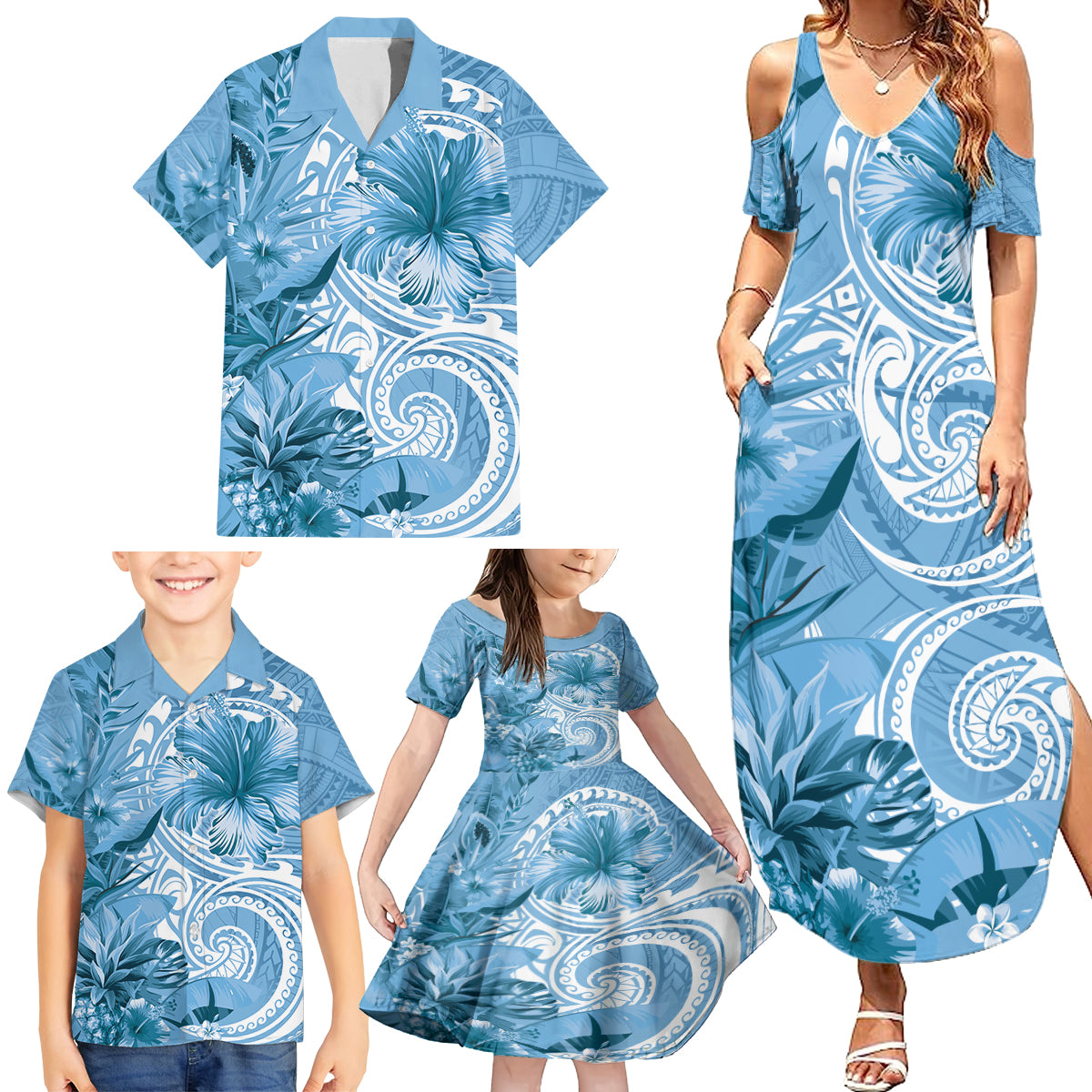 Polynesian Hibiscus Flower Tribal Family Matching Summer Maxi Dress and Hawaiian Shirt Blue Color