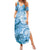 Polynesian Hibiscus Flower Tribal Family Matching Summer Maxi Dress and Hawaiian Shirt Blue Color