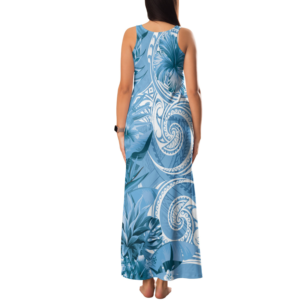 Polynesian Hibiscus Flower Tribal Family Matching Tank Maxi Dress and Hawaiian Shirt Blue Color