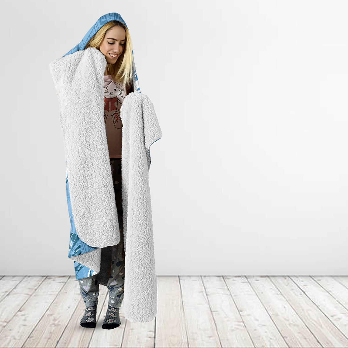 Polynesian Hibiscus Flower Tribal Hooded Blanket Blue Color