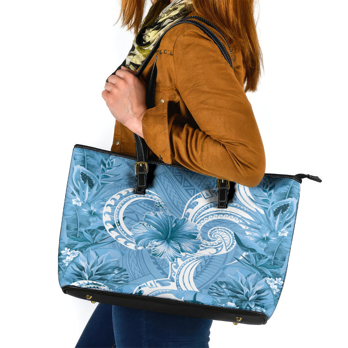 Polynesian Hibiscus Flower Tribal Leather Tote Bag Blue Color LT9 Blue - Polynesian Pride