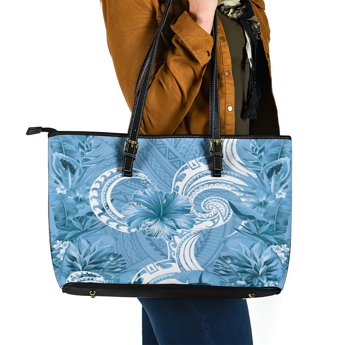 Polynesian Hibiscus Flower Tribal Leather Tote Bag Blue Color LT9 - Polynesian Pride