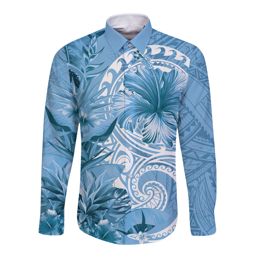 Polynesian Hibiscus Flower Tribal Long Sleeve Button Shirt Blue Color