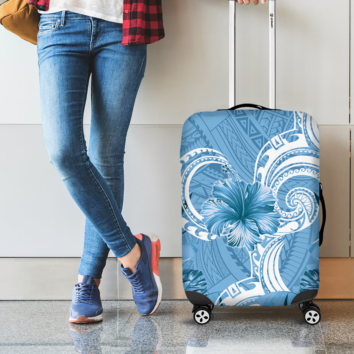 Polynesian Hibiscus Flower Tribal Luggage Cover Blue Color