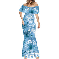 Polynesian Hibiscus Flower Tribal Mermaid Dress Blue Color