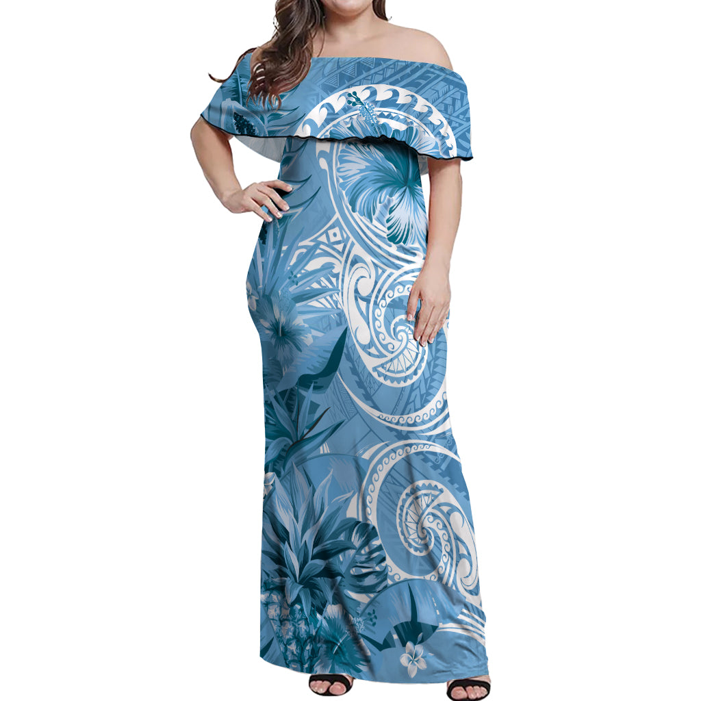 Polynesian Hibiscus Flower Tribal Off Shoulder Maxi Dress Blue Color LT9 Women Blue - Polynesian Pride