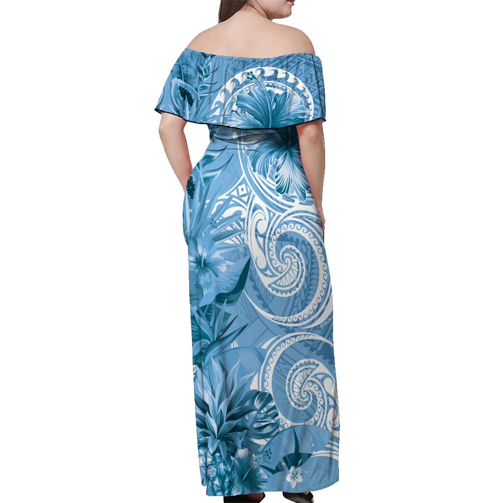 Polynesian Hibiscus Flower Tribal Off Shoulder Maxi Dress Blue Color LT9 - Polynesian Pride