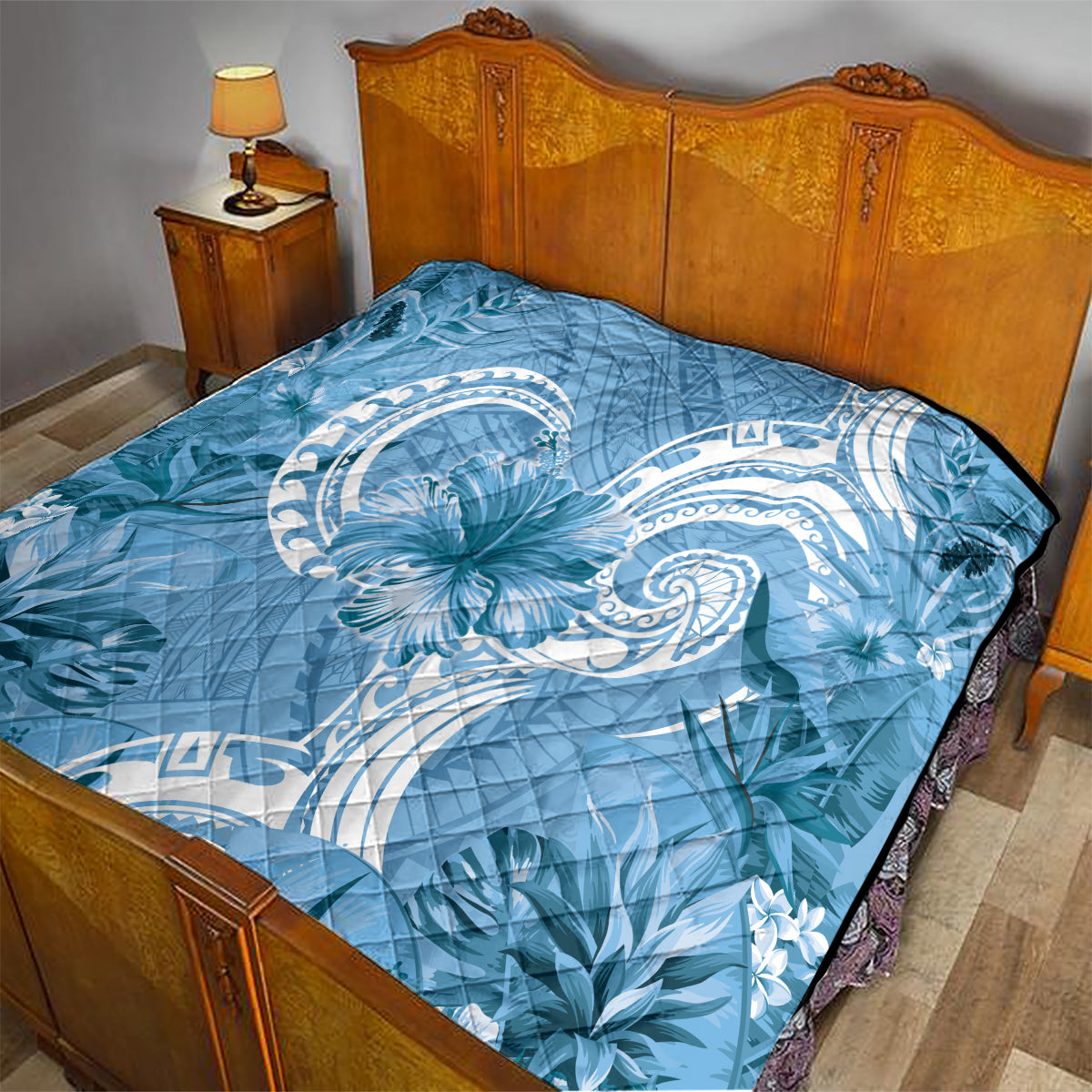 Polynesian Hibiscus Flower Tribal Quilt Blue Color
