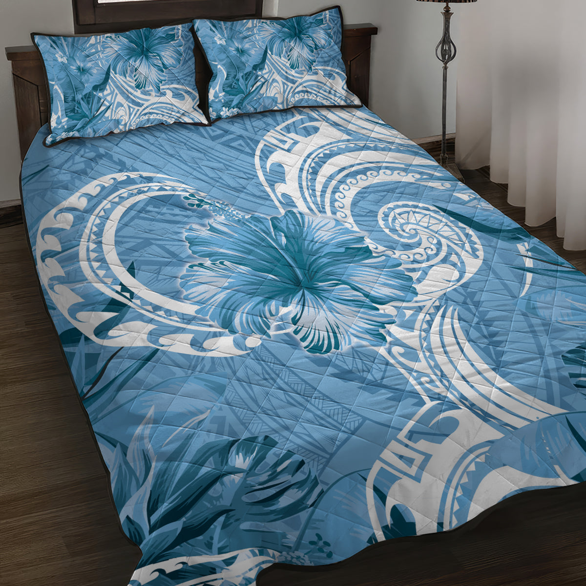Polynesian Hibiscus Flower Tribal Quilt Bed Set Blue Color LT9 Blue - Polynesian Pride