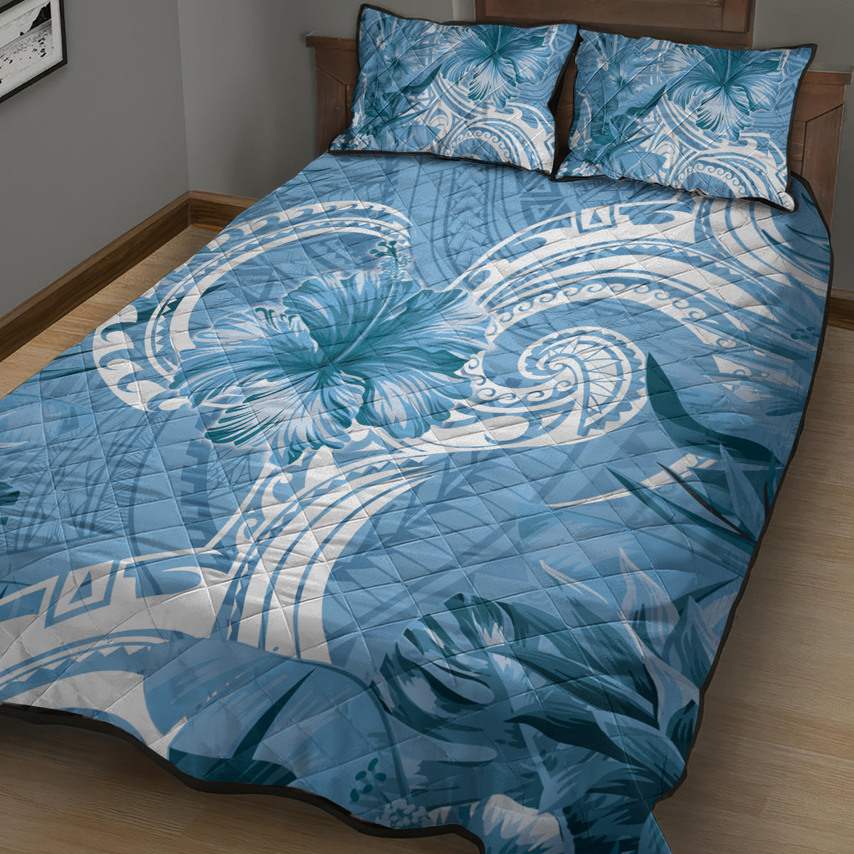 Polynesian Hibiscus Flower Tribal Quilt Bed Set Blue Color LT9 - Polynesian Pride
