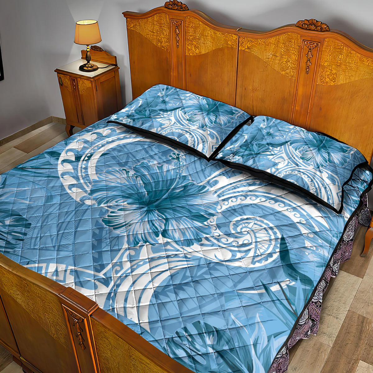 Polynesian Hibiscus Flower Tribal Quilt Bed Set Blue Color LT9 - Polynesian Pride